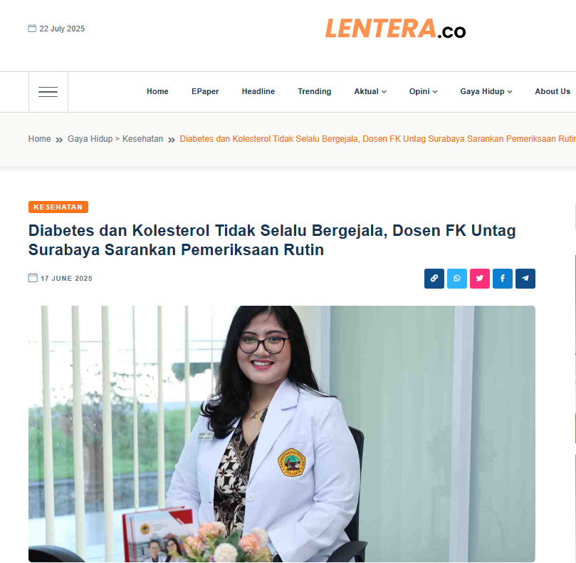 FK Untag Surabaya Minta Generasi Muda Waspadai Silent Killer, Diabetes dan Kolesterol