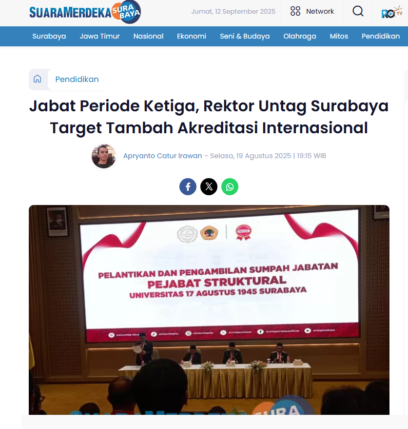 Jabat Periode Ketiga, Rektor Untag Surabaya Target Tambah Akreditasi Internasional