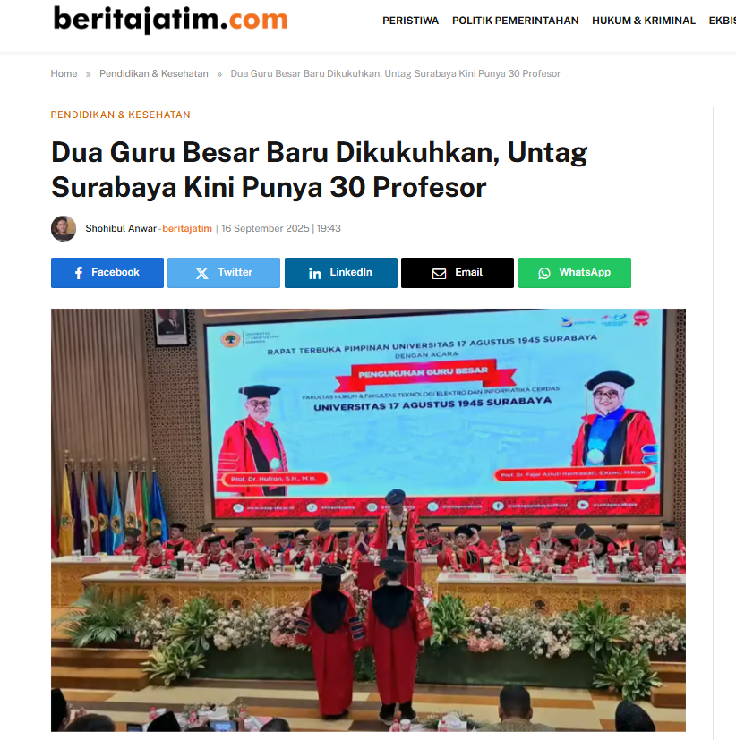 Dua Guru Besar Baru Dikukuhkan, Untag Surabaya Kini Punya 30 Profesor