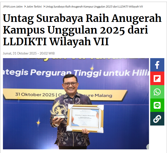 Untag Surabaya Raih Anugerah Kampus Unggulan 2025 dari LLDIKTI Wilayah VII