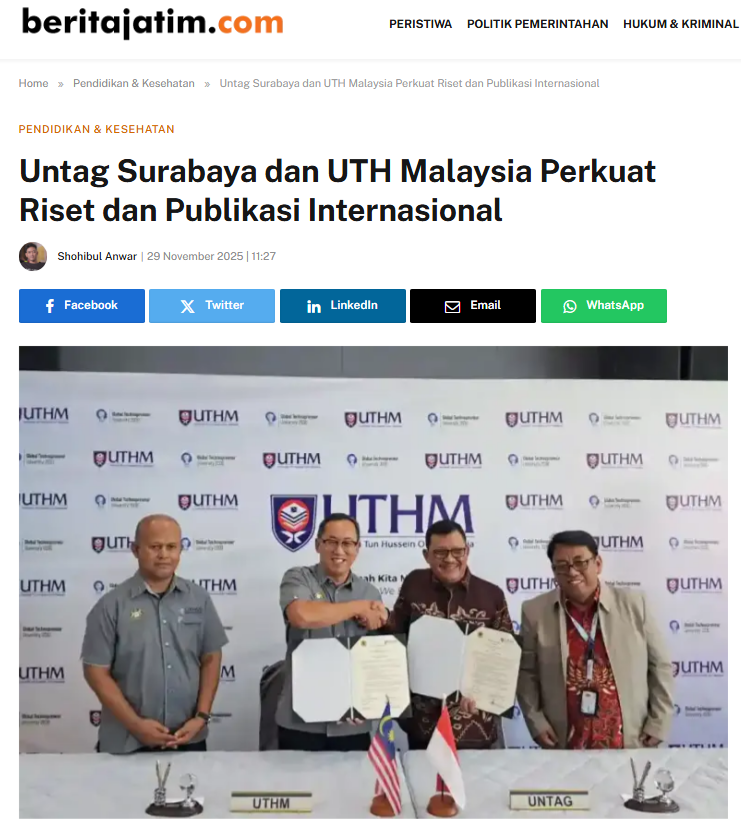 Untag Surabaya dan UTH Malaysia Perkuat Riset serta Publikasi Internasional
