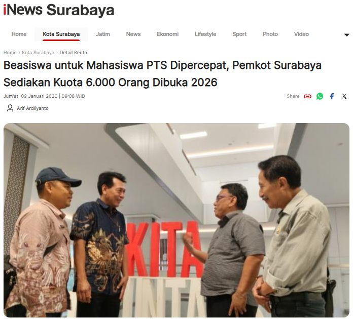 Beasiswa untuk Mahasiswa PTS Dipercepat, Pemkot Surabaya Sediakan Kuota 6.000 Orang Dibuka 2026