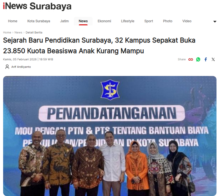 Sejarah Baru Pendidikan Surabaya, 32 Kampus Sepakat Buka 23.850 Kuota Beasiswa Anak Kurang Mampu