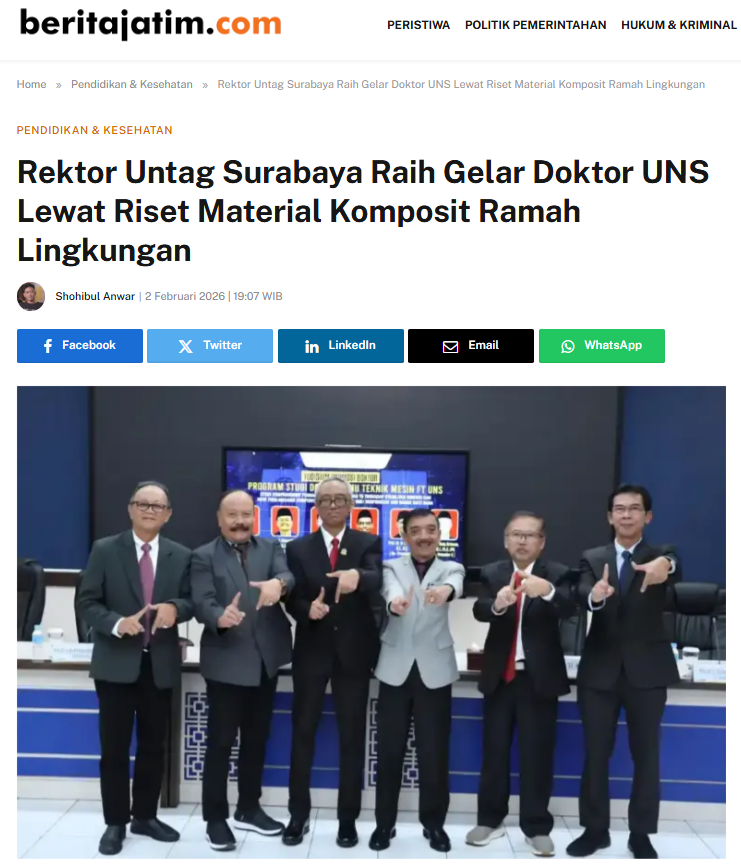 Rektor Untag Surabaya Raih Gelar Doktor UNS Lewat Riset Material Komposit Ramah Lingkungan