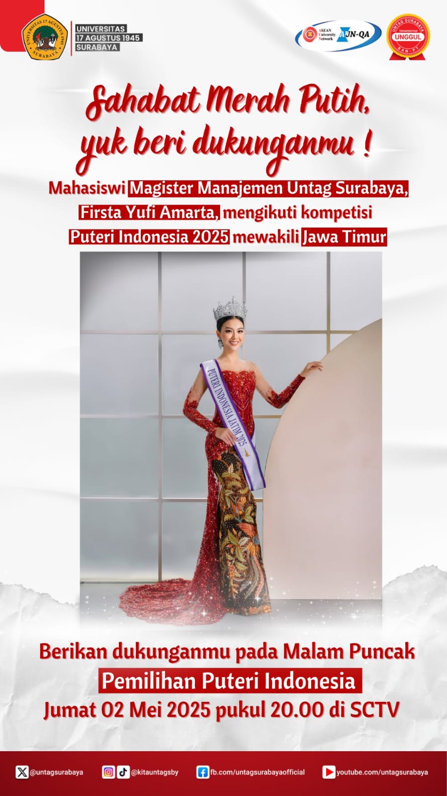 Dukung Mahasiswa Untag Surabaya sebagai Puteri Indonesia 2025 