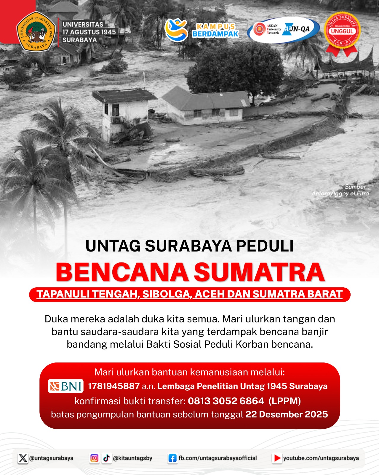 Untag Surabaya Peduli Bencana Sumatera 